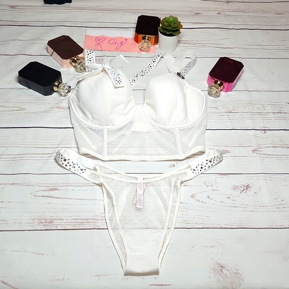 SET VICTORIA Secret White Sheer Bling Bow Lace Dots Dream Angels Corset 36 DD - Picture 3 of 14